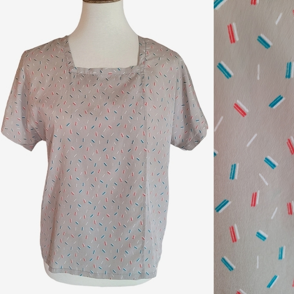 Vintage 70's Handmade Silk Taupe and Confetti Open Pleat Front Short Sleeve Top‎